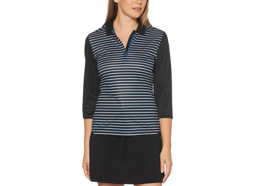 NEW PGA TOUR women's striped three quarter sleeves polo in caviar